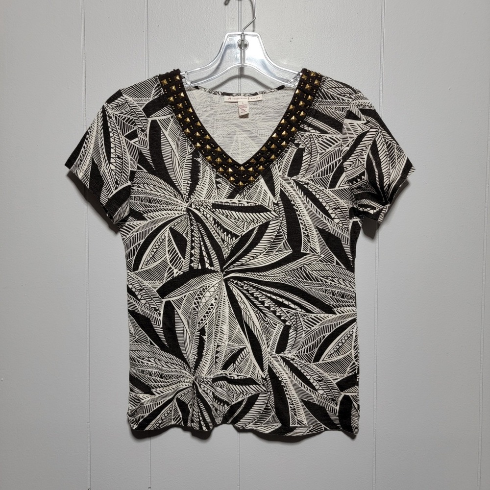 JM Collection Petite‎ Black White Leaf Print V Neck Studded Top Size S
